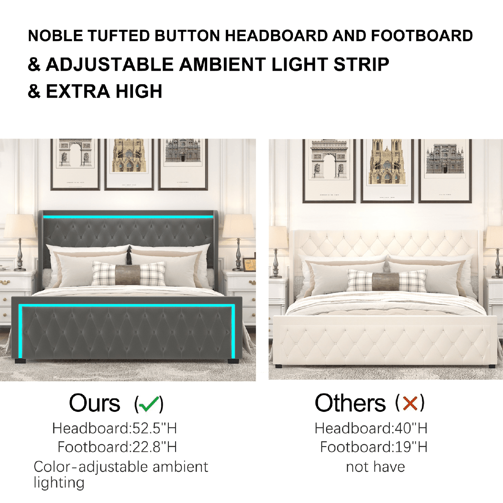 Elegant King Platform Bed Frame with High Headboard, Velvet Upholstered, Tufted Buttons, LED Light, GREY - AnelityW834126415 - 36101568