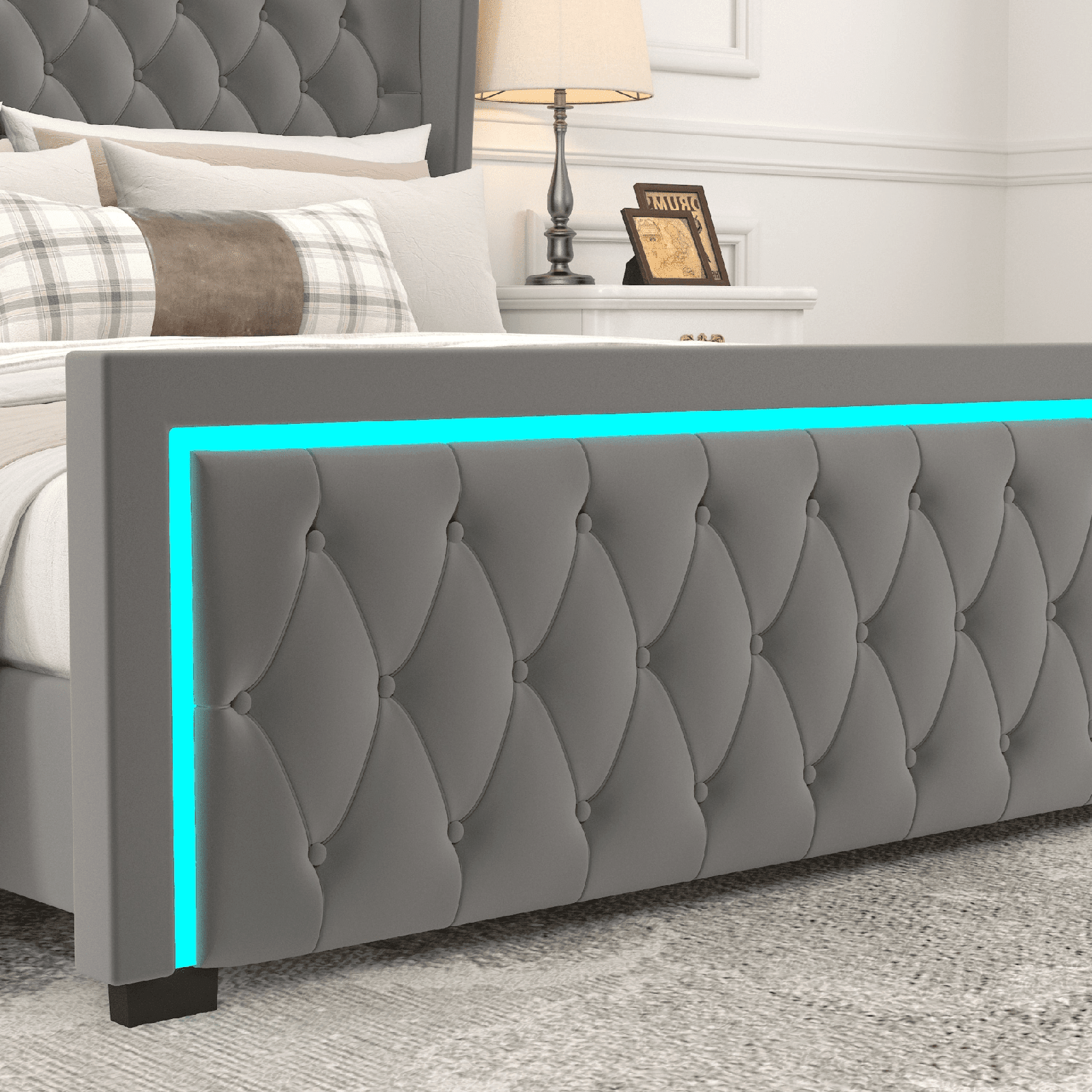 Elegant King Platform Bed Frame with High Headboard, Velvet Upholstered, Tufted Buttons, LED Light, GREY - AnelityW834126415 - 36101568