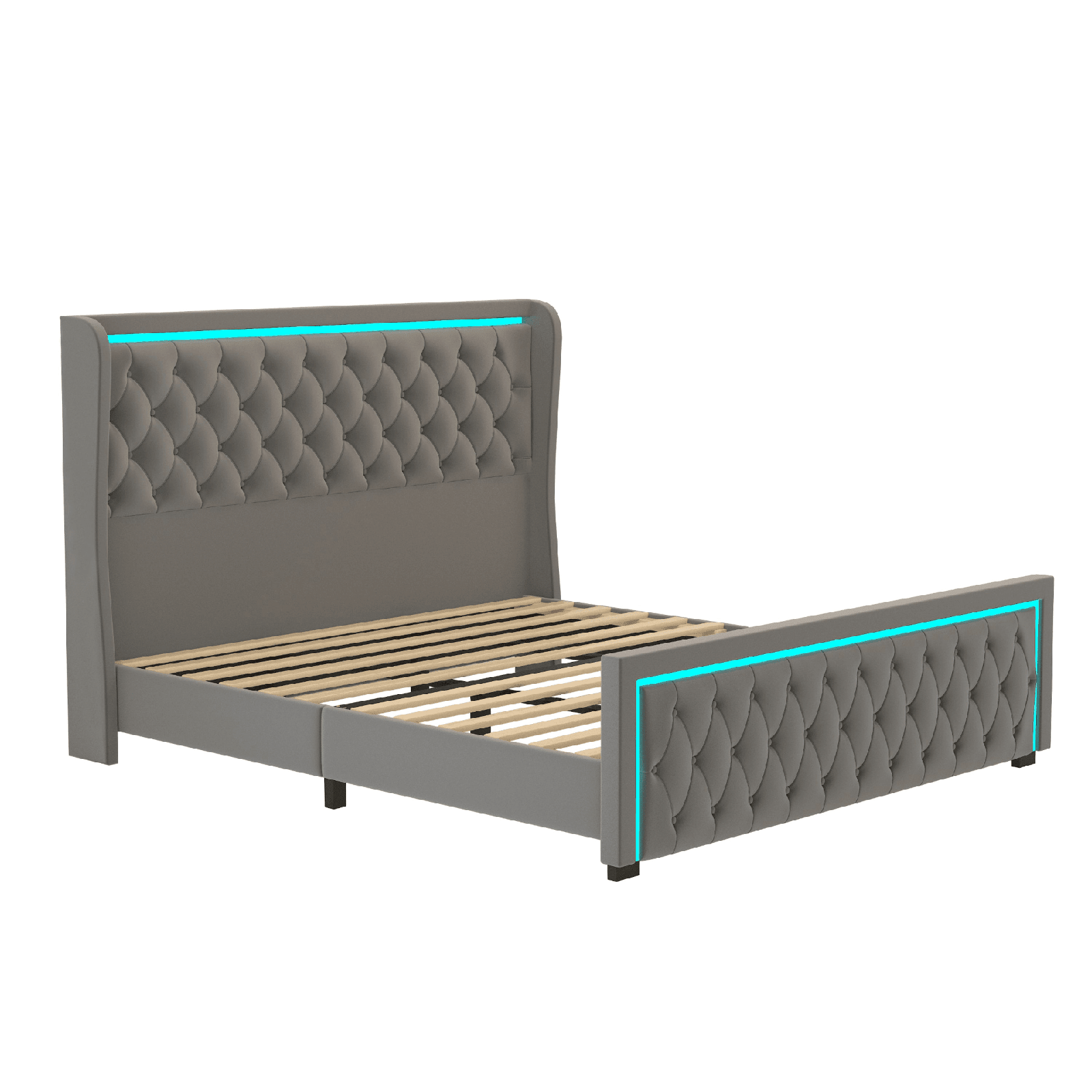 Elegant King Platform Bed Frame with High Headboard, Velvet Upholstered, Tufted Buttons, LED Light, GREY - AnelityW834126415 - 36101568