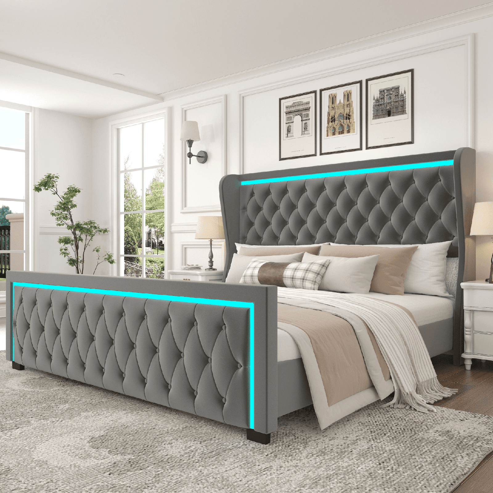 Elegant King Platform Bed Frame with High Headboard, Velvet Upholstered, Tufted Buttons, LED Light, GREY - AnelityW834126415 - 36101568