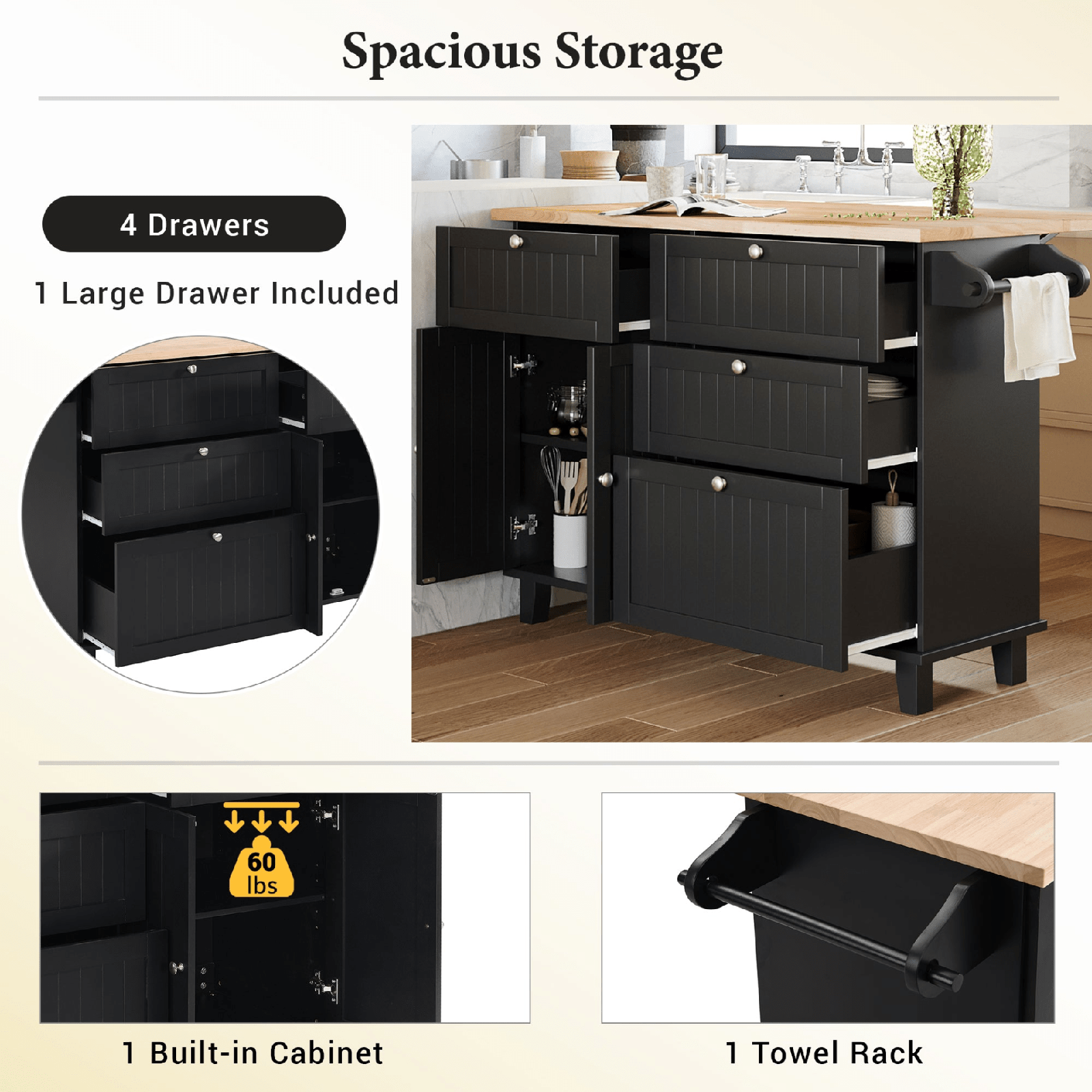 Farmhouse Kitchen Island Set with Drop Leaf, Storage & 2 Stools – Black & Rustic Brown - AnelityKitchen Island SetSH000234AAB - 36067572