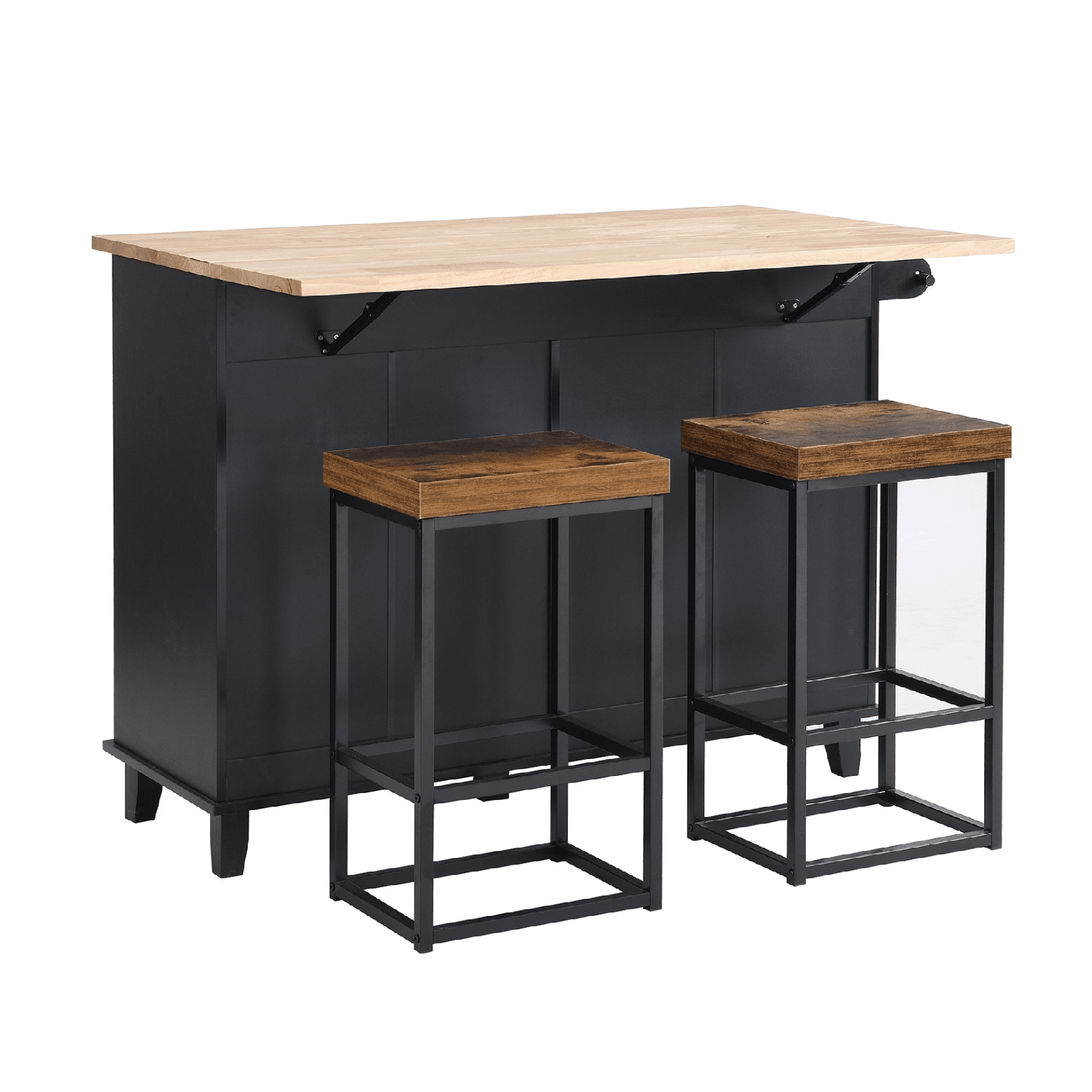 Farmhouse Kitchen Island Set with Drop Leaf, Storage & 2 Stools – Black & Rustic Brown - AnelityKitchen Island SetSH000234AAB - 36067572