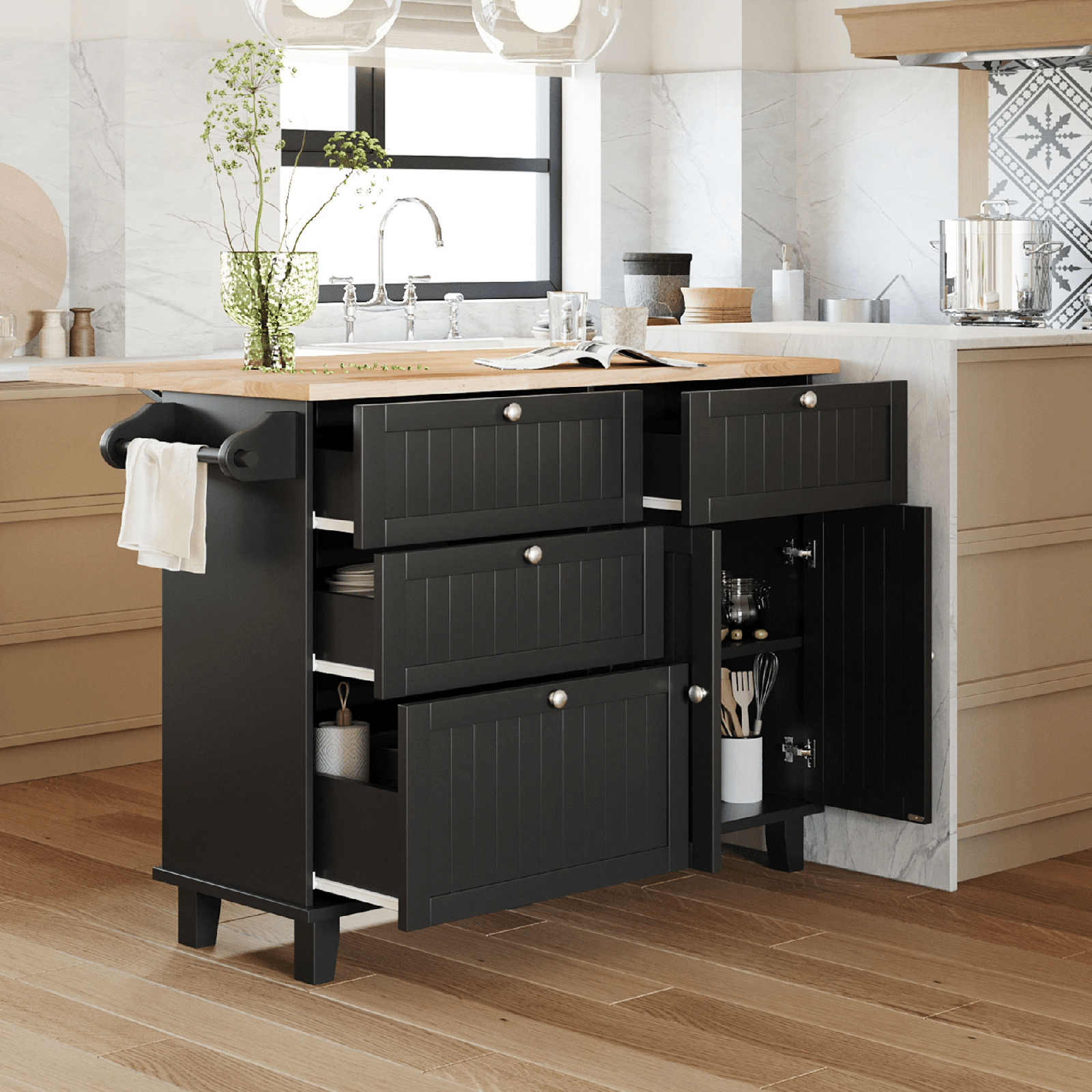 Farmhouse Kitchen Island Set with Drop Leaf, Storage & 2 Stools – Black & Rustic Brown - AnelityKitchen Island SetSH000234AAB - 36067572