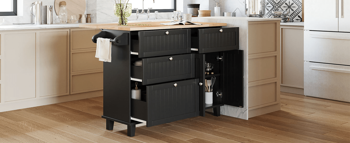 Farmhouse Kitchen Island Set with Drop Leaf, Storage & 2 Stools – Black & Rustic Brown - AnelityKitchen Island SetSH000234AAB - 36067572