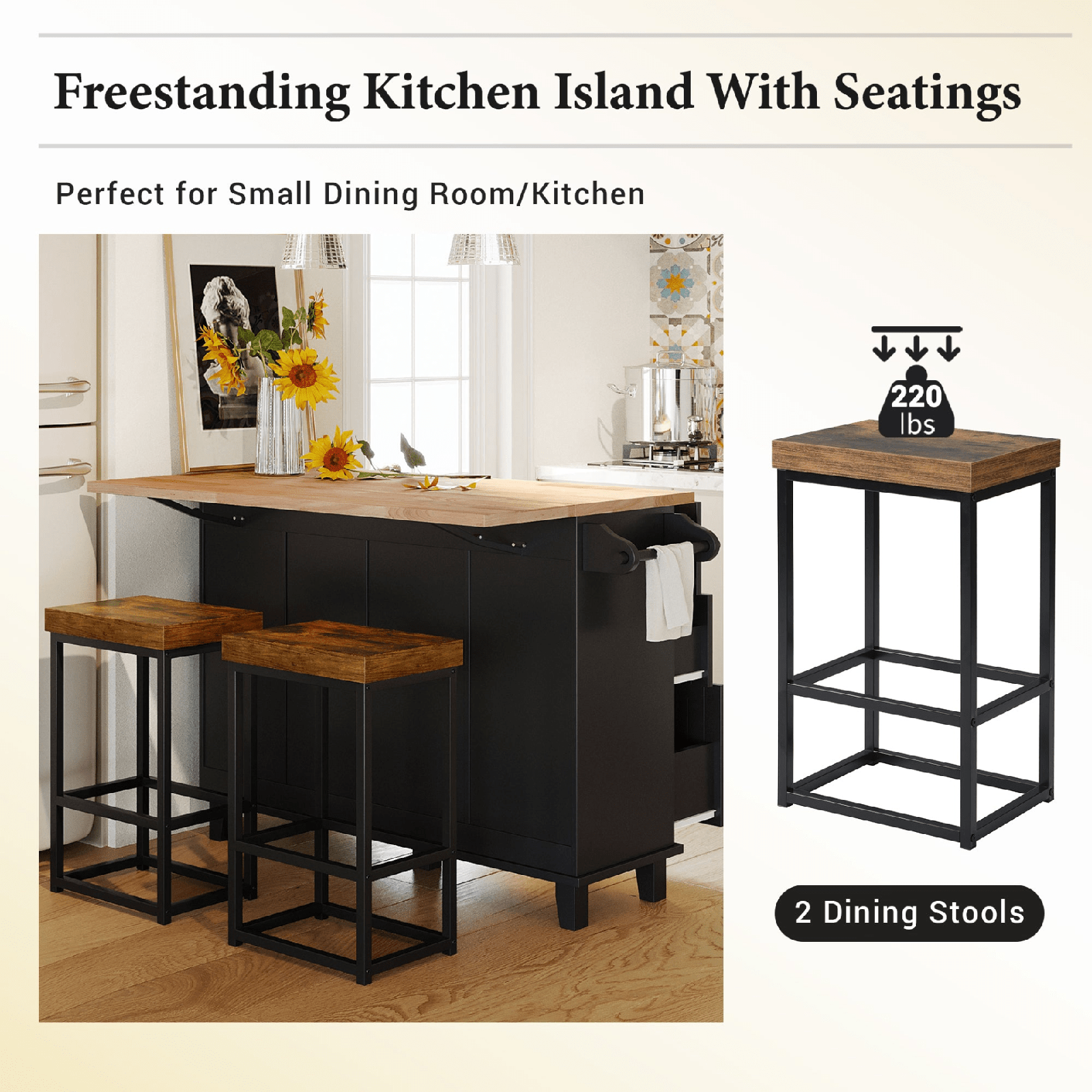 Farmhouse Kitchen Island Set with Drop Leaf, Storage & 2 Stools – Black & Rustic Brown - AnelityKitchen Island SetSH000234AAB - 36067572