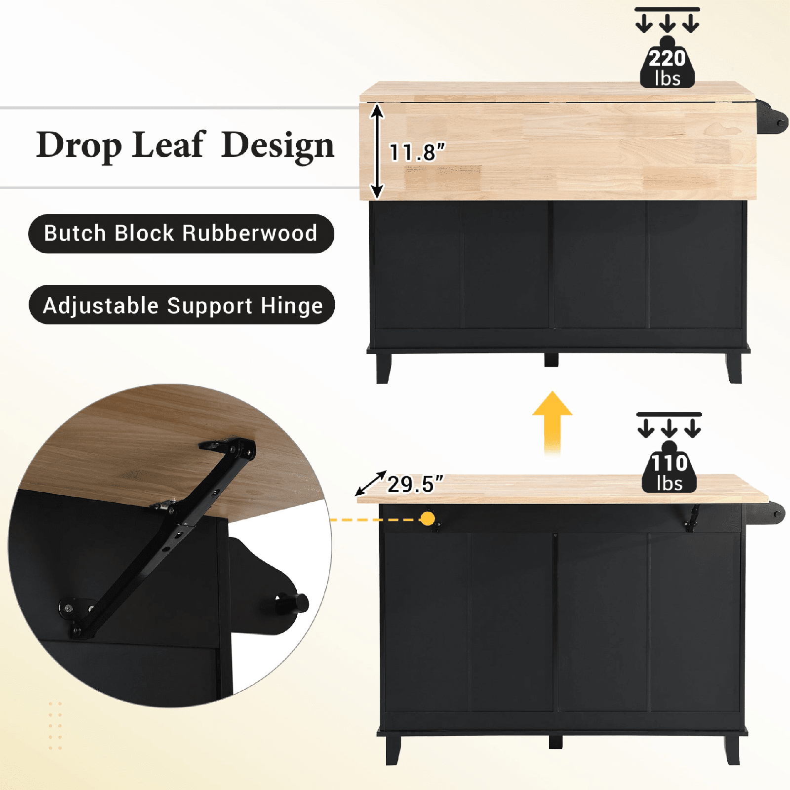 Farmhouse Kitchen Island Set with Drop Leaf, Storage & 2 Stools – Black & Rustic Brown - AnelityKitchen Island SetSH000234AAB - 36067572