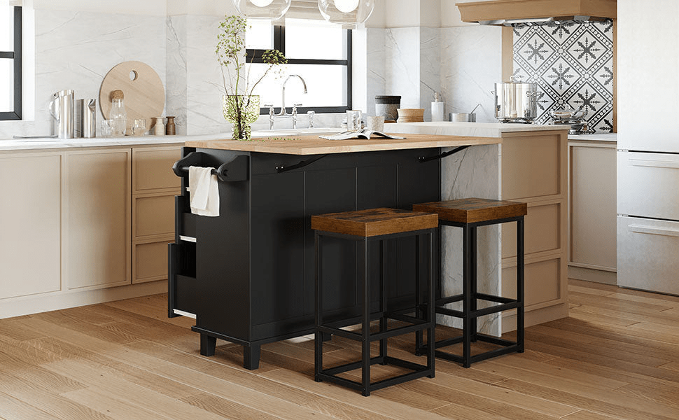 Farmhouse Kitchen Island Set with Drop Leaf, Storage & 2 Stools – Black & Rustic Brown - AnelityKitchen Island SetSH000234AAB - 36067572