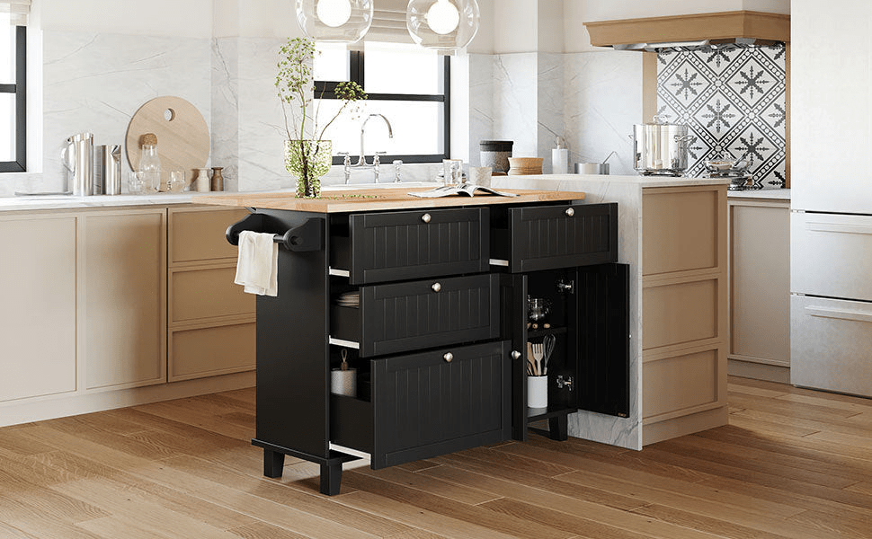 Farmhouse Kitchen Island Set with Drop Leaf, Storage & 2 Stools – Black & Rustic Brown - AnelityKitchen Island SetSH000234AAB - 36067572