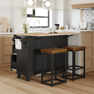 Farmhouse Kitchen Island Set with Drop Leaf, Storage & 2 Stools – Black & Rustic Brown - AnelityKitchen Island SetSH000234AAB - 36067572