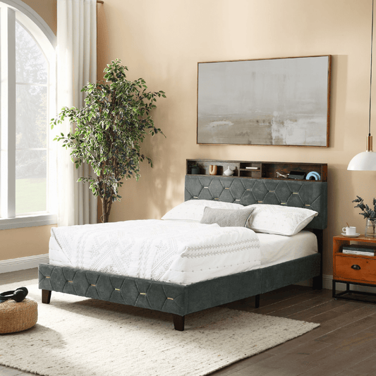 Full Size Bed Frame with Shelf Upholstered Headboard, Grey - AnelityW48794459 - 36101569