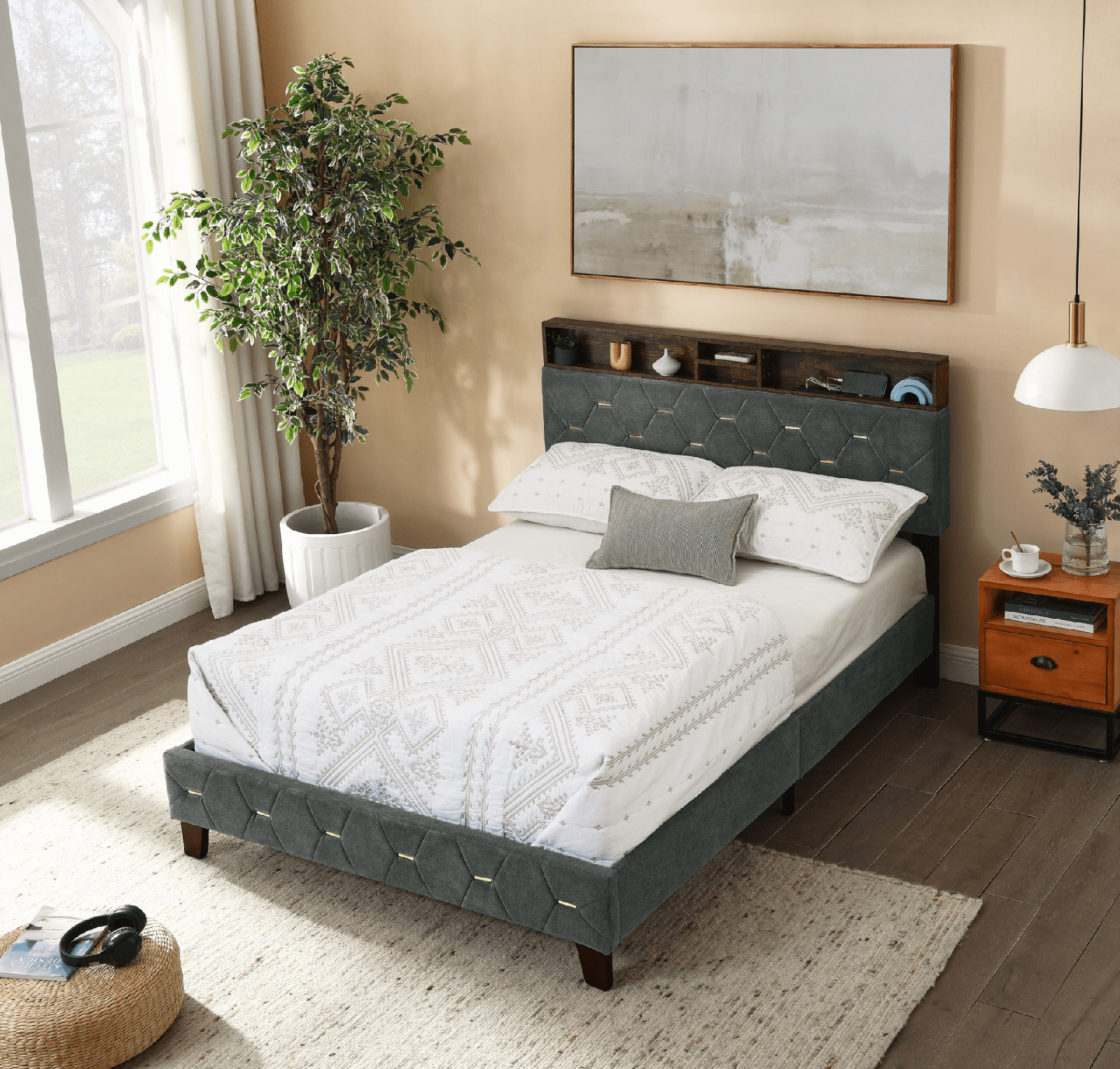 Full Size Bed Frame with Shelf Upholstered Headboard, Grey - AnelityW48794459 - 36101569