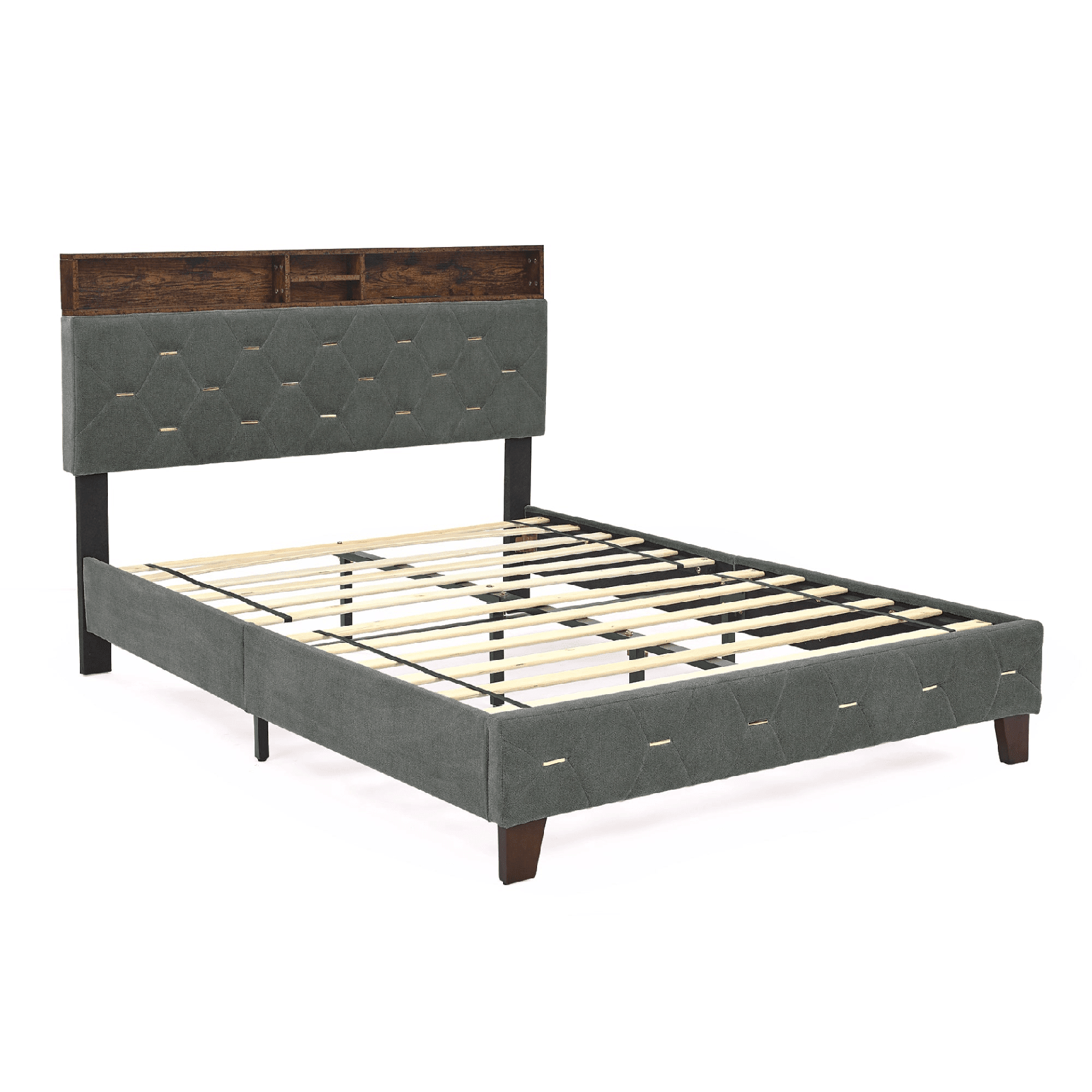 Full Size Bed Frame with Shelf Upholstered Headboard, Grey - AnelityW48794459 - 36101569