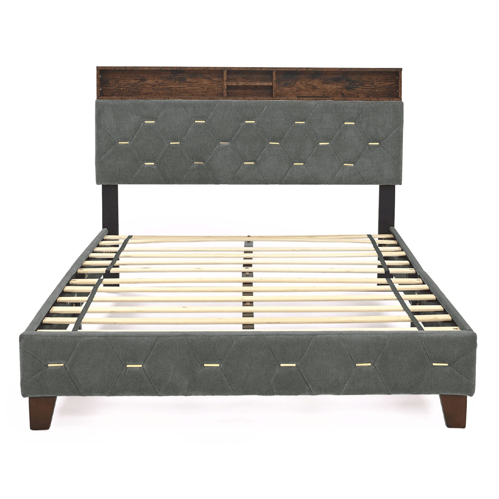 Full Size Bed Frame with Shelf Upholstered Headboard, Grey - AnelityW48794459 - 36101569