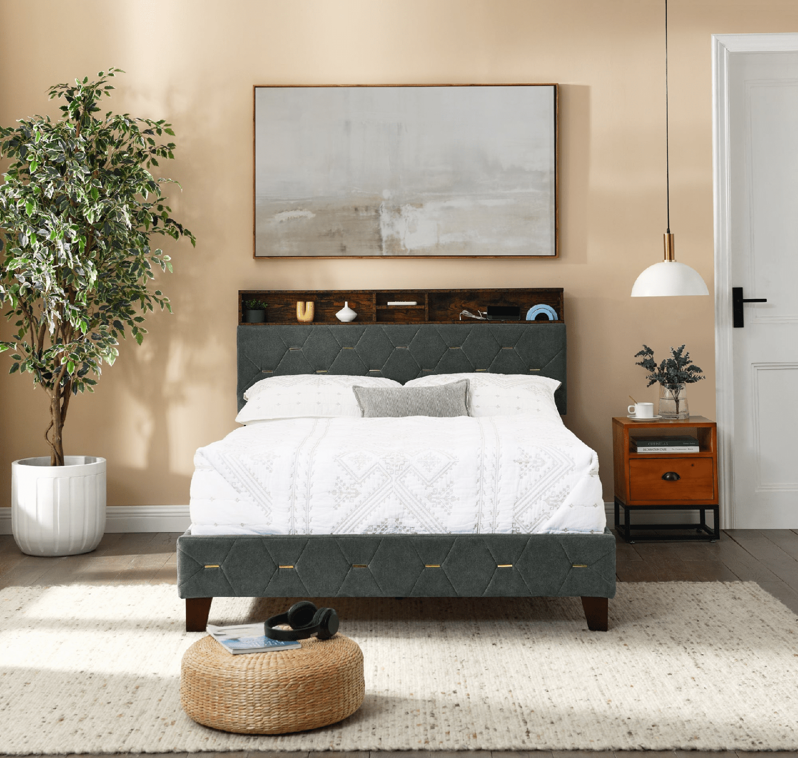 Full Size Bed Frame with Shelf Upholstered Headboard, Grey - AnelityW48794459 - 36101569