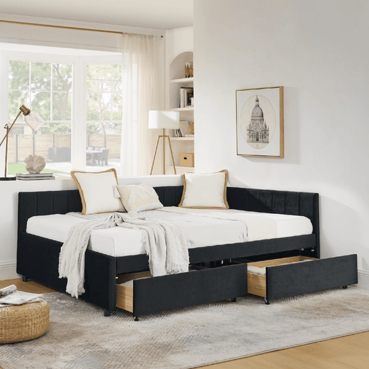 Full Size Upholstered Tufted Bed Frame with Storage Drawers, Velvet Black Sofa Bed with Comfortable Backrest and Armrests, 79.5''x58''x25'' - AnelityW1413S00076 - 36101570
