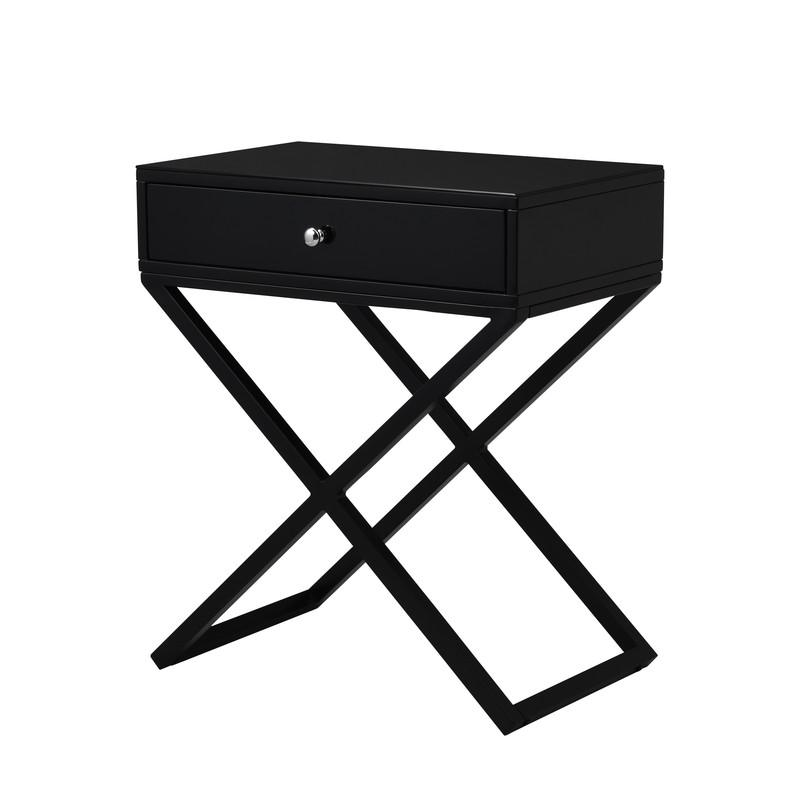 Koda Black Wooden End Side Table Nightstand with Glass Top, Drawer and Metal Cross Base - Elegant and Functional Home Accent - 