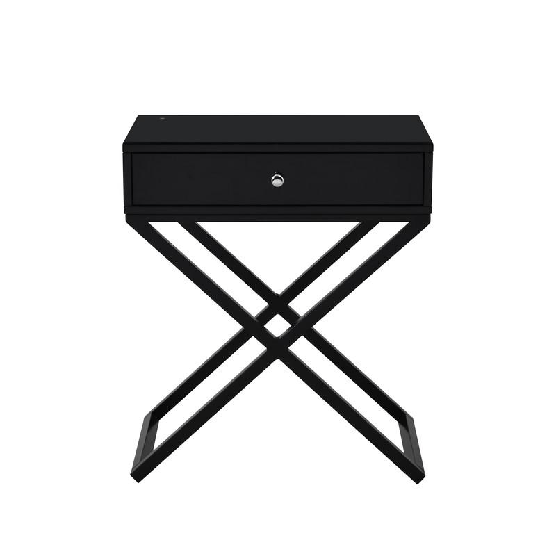 Koda Black Wooden End Side Table Nightstand with Glass Top, Drawer and Metal Cross Base - Elegant and Functional Home Accent - 