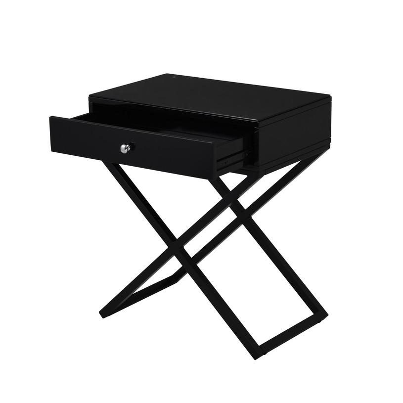 Koda Black Wooden End Side Table Nightstand with Glass Top, Drawer and Metal Cross Base - Elegant and Functional Home Accent - 