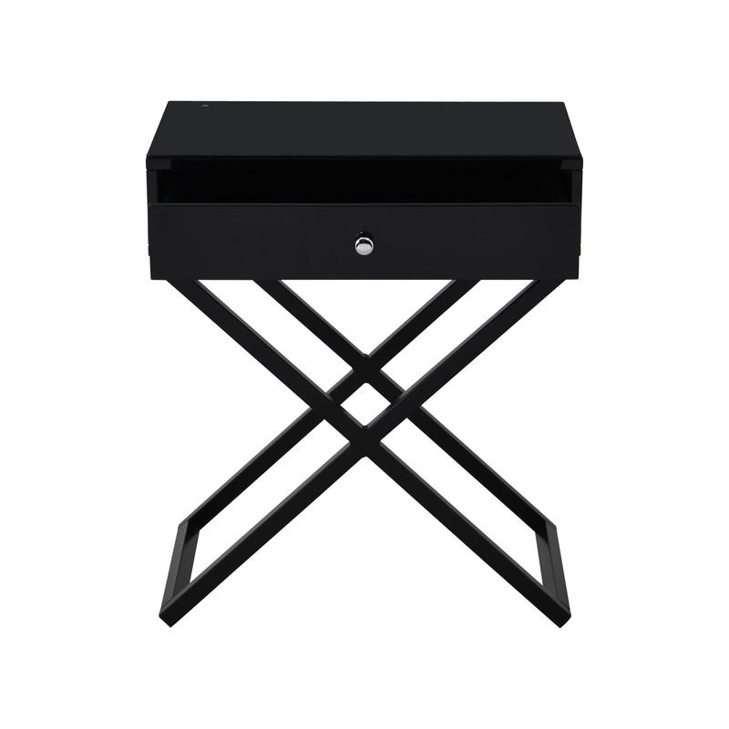 Koda Black Wooden End Side Table Nightstand with Glass Top, Drawer and Metal Cross Base - Elegant and Functional Home Accent - 