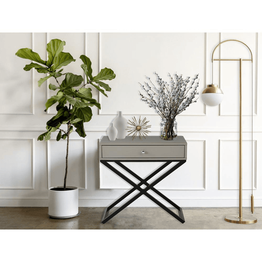Koda Taupe Wooden End Side Table Nightstand with Glass Top, Drawer, and Metal Cross Base - 