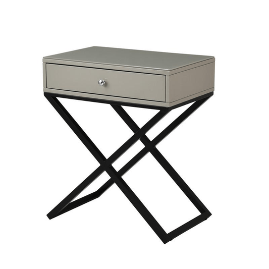 Koda Taupe Wooden End Side Table Nightstand with Glass Top, Drawer, and Metal Cross Base - 