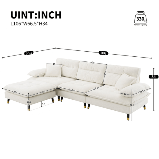 L - Shaped Convertible Sectional Sofa – Chenille Fabric, Movable Ottoman & Adjustable Legs - 