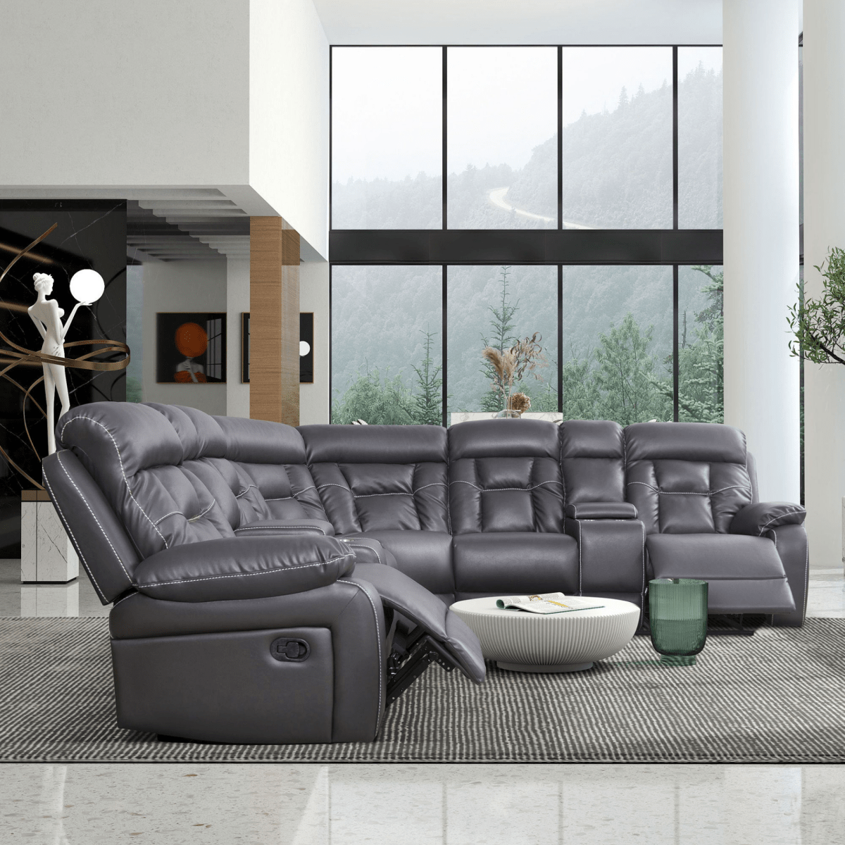 Luxury Grey Reclining Sofa – Faux Leather - 