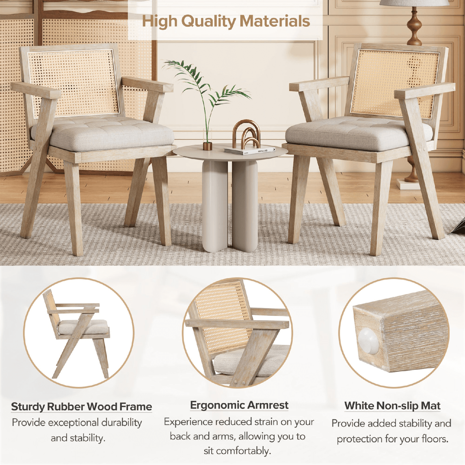Mid - Century Accent Chair with Handwoven Rattan Backrest & Padded Linen Seat – Natural - AnelityAccent ChairWF308348AAM - 36067524