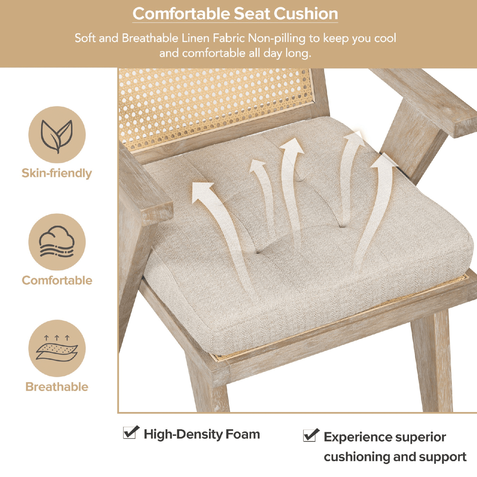 Mid - Century Accent Chair with Handwoven Rattan Backrest & Padded Linen Seat – Natural - AnelityAccent ChairWF308348AAM - 36067524