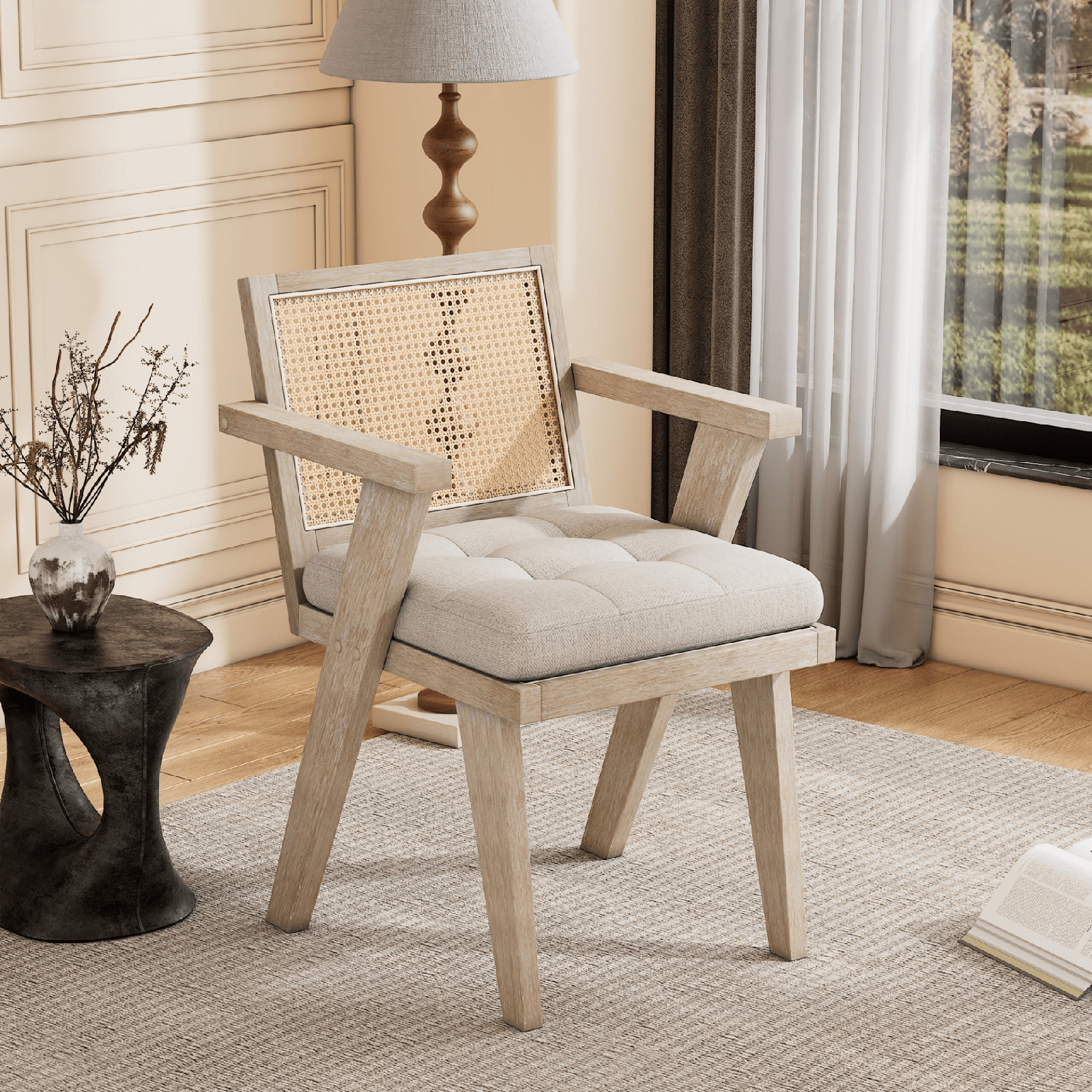 Mid - Century Accent Chair with Handwoven Rattan Backrest & Padded Linen Seat – Natural - AnelityAccent ChairWF308348AAM - 36067524
