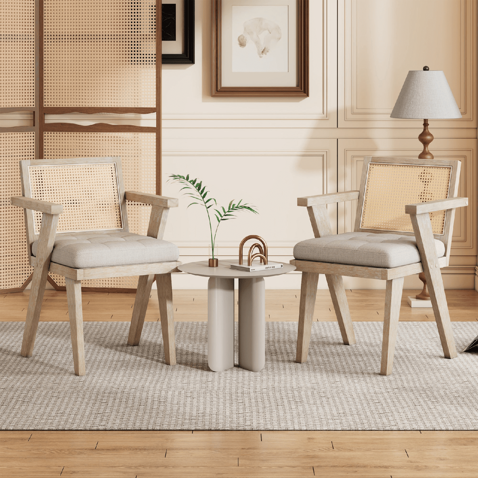 Mid - Century Accent Chair with Handwoven Rattan Backrest & Padded Linen Seat – Natural - AnelityAccent ChairWF308348AAM - 36067524