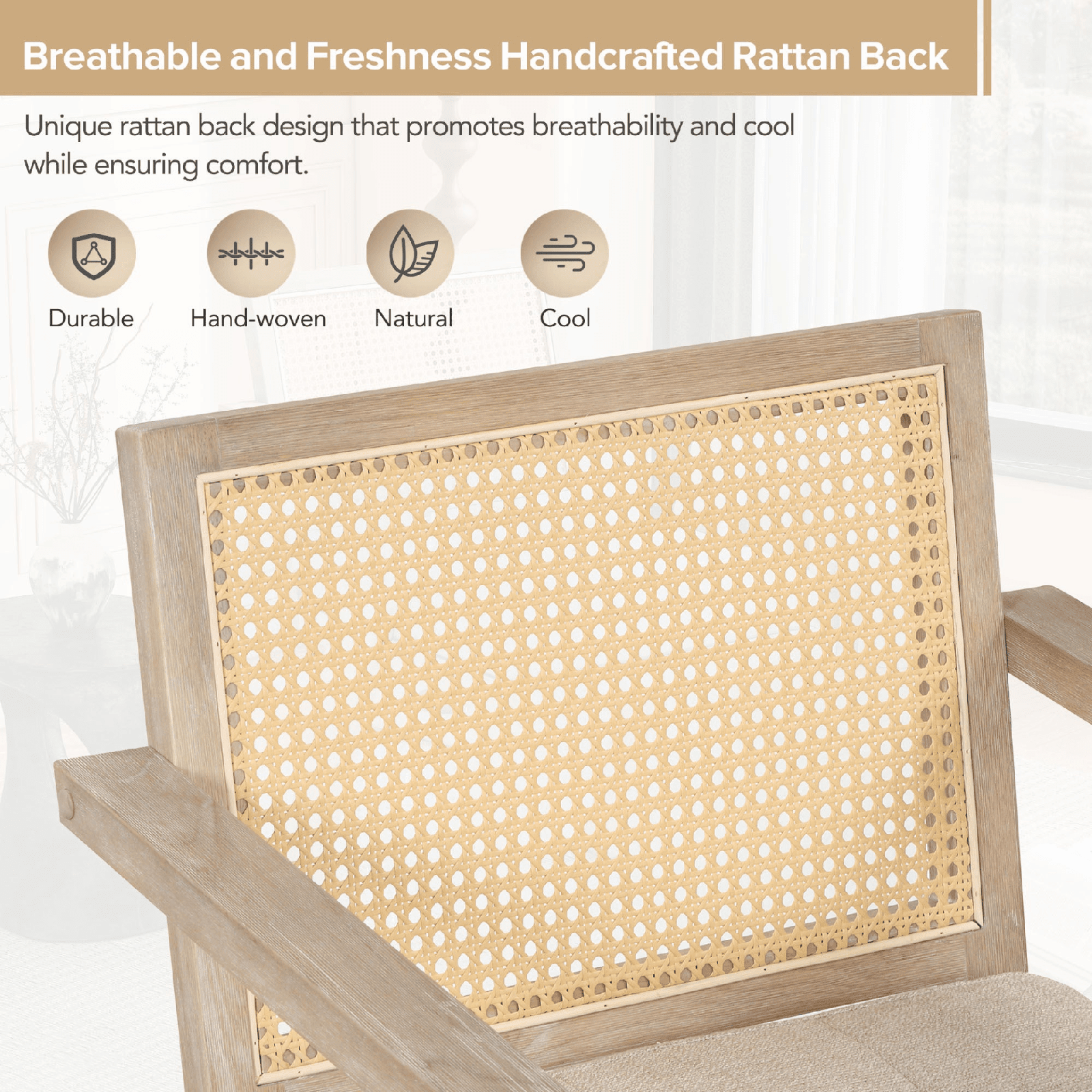Mid - Century Accent Chair with Handwoven Rattan Backrest & Padded Linen Seat – Natural - AnelityAccent ChairWF308348AAM - 36067524