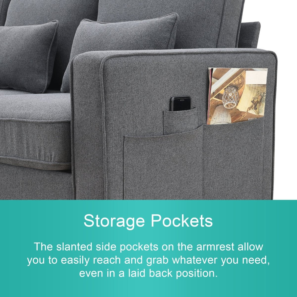 Modern 4 - Seat Sofa with Storage Pockets – Dark Gray - Sofa
