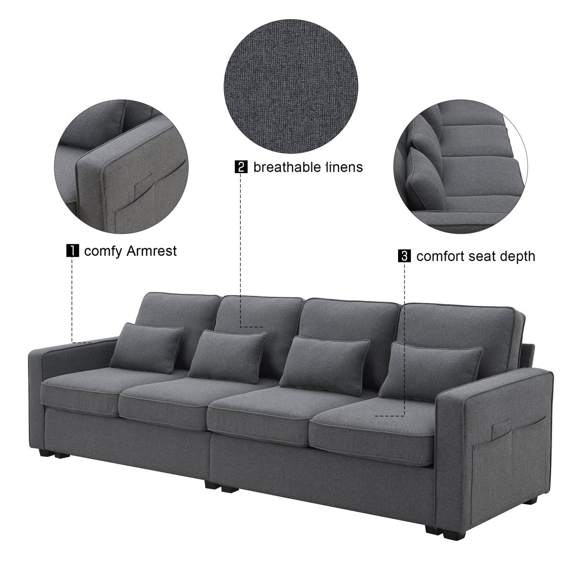 Modern 4 - Seat Sofa with Storage Pockets – Dark Gray - Sofa