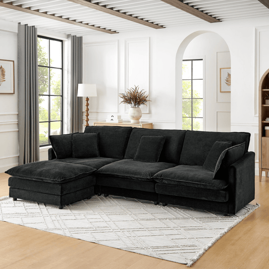 Modern L - Shaped Sectional Sofa with Storage Ottoman – 4 - Seater in Black Towel Fabric - 