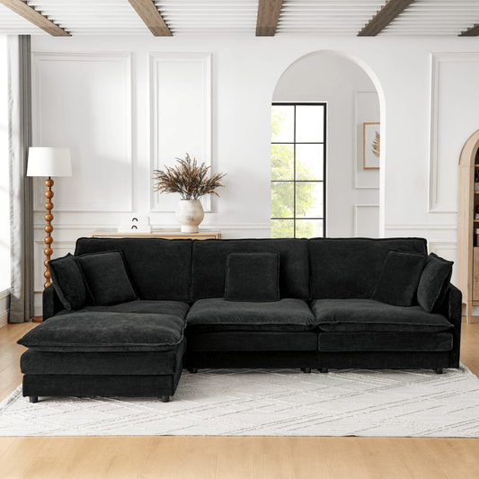 Modern L - Shaped Sectional Sofa with Storage Ottoman – 4 - Seater in Black Towel Fabric - 