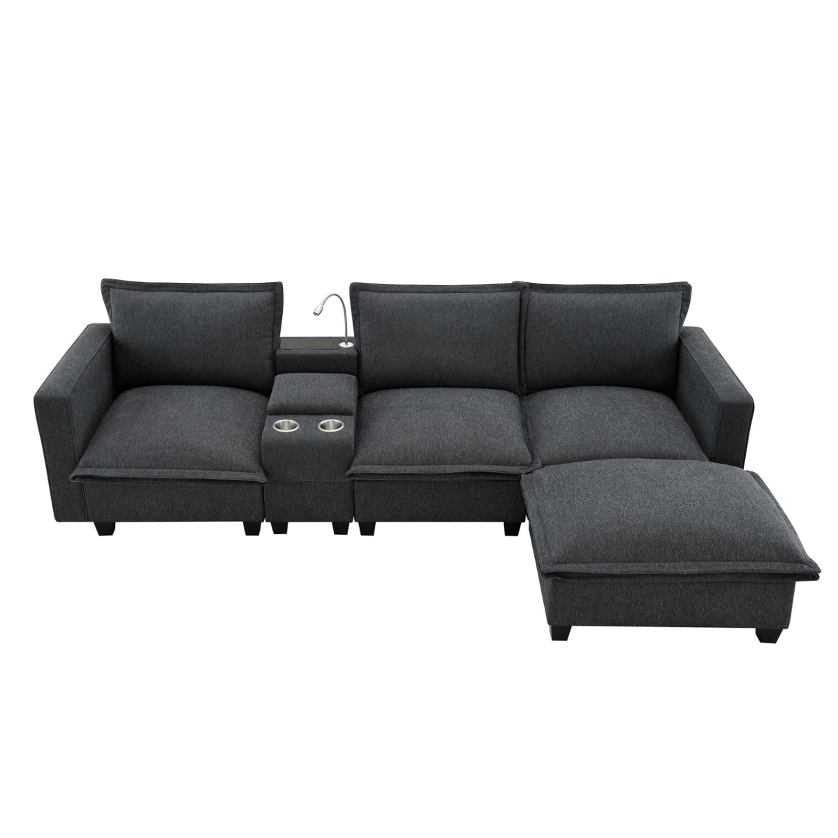 Modern Modular Cloud Sofa – 4 - Seat Sectional with USB & Cup Holder - 