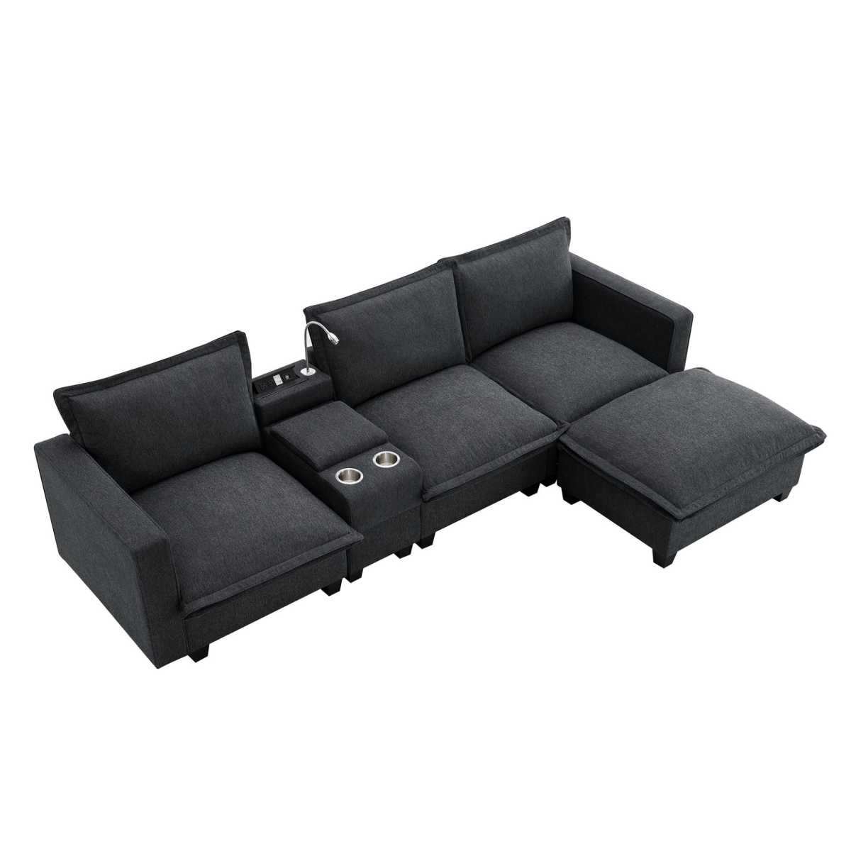 Modern Modular Cloud Sofa – 4 - Seat Sectional with USB & Cup Holder - 