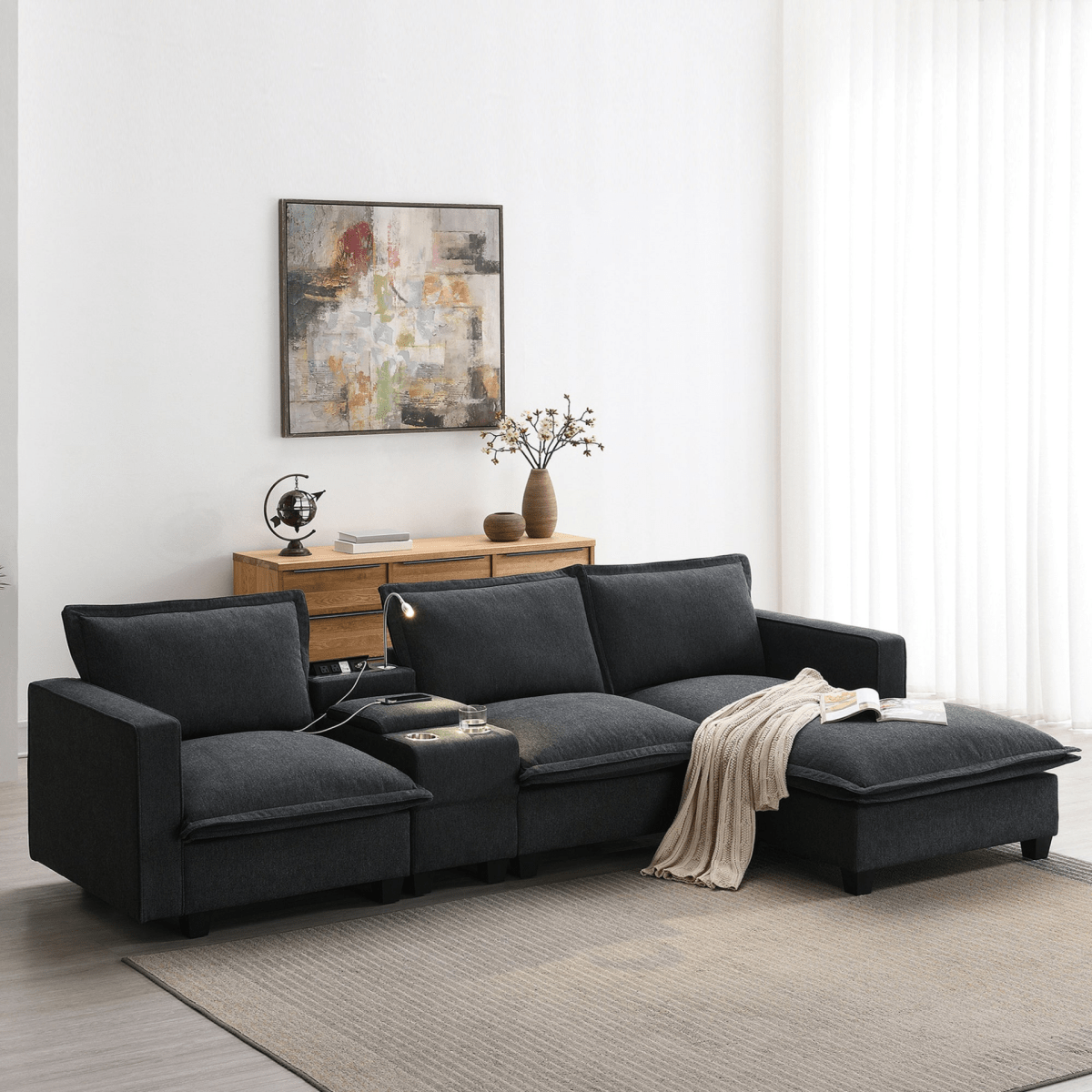 Modern Modular Cloud Sofa – 4 - Seat Sectional with USB & Cup Holder - 
