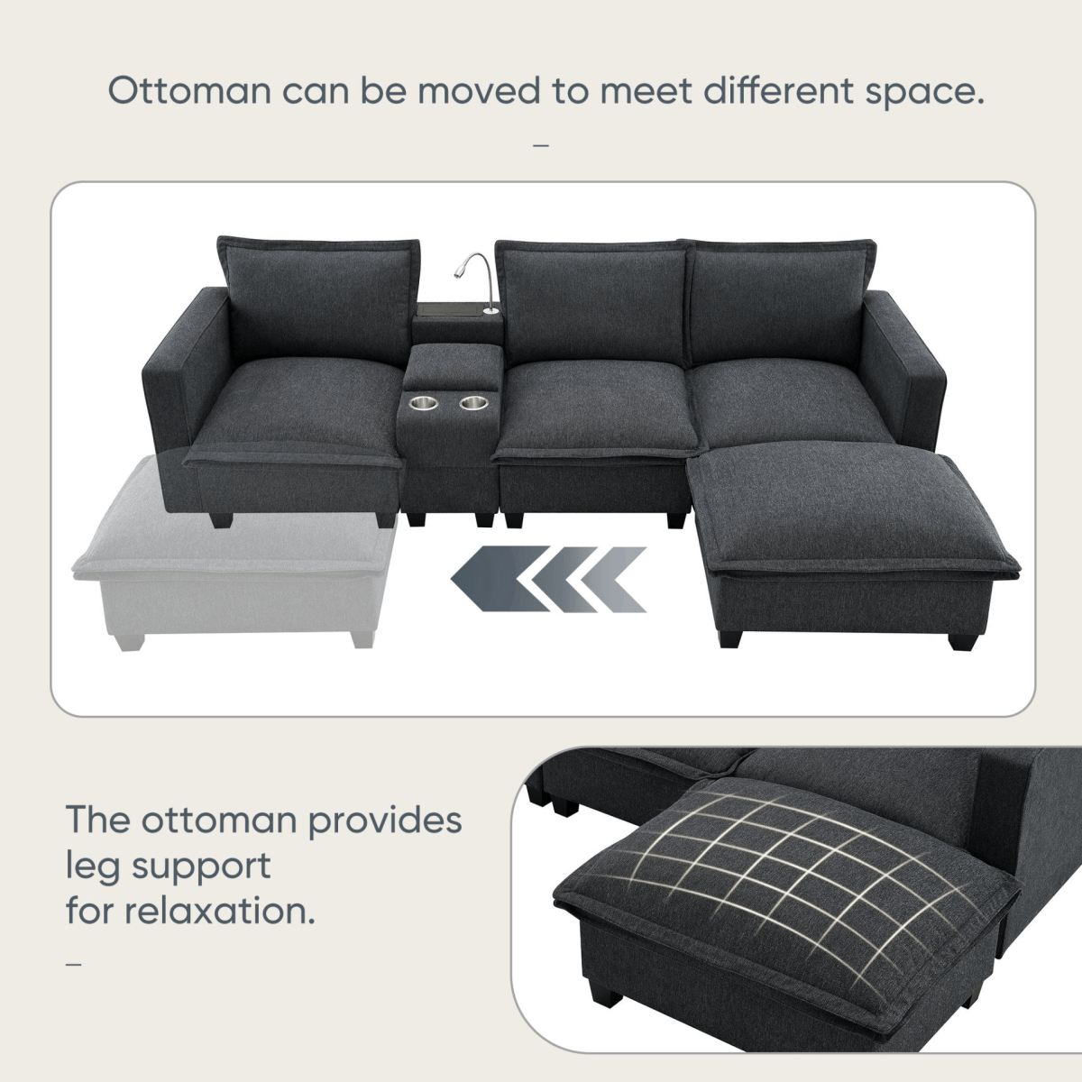Modern Modular Cloud Sofa – 4 - Seat Sectional with USB & Cup Holder - 