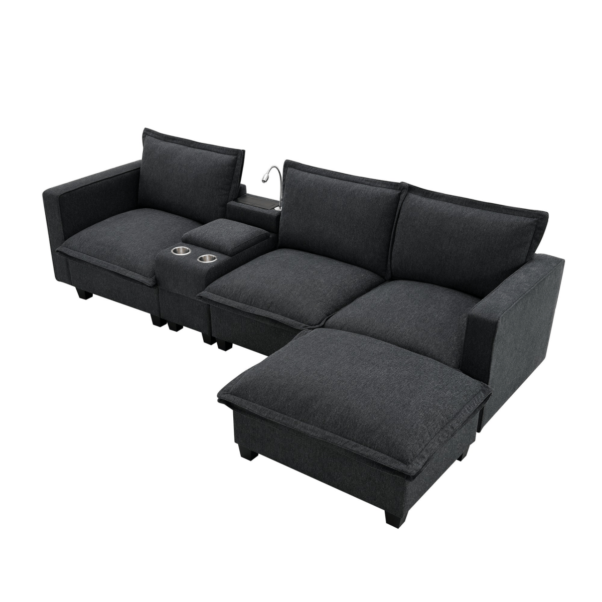 Modern Modular Cloud Sofa – 4 - Seat Sectional with USB & Cup Holder - 