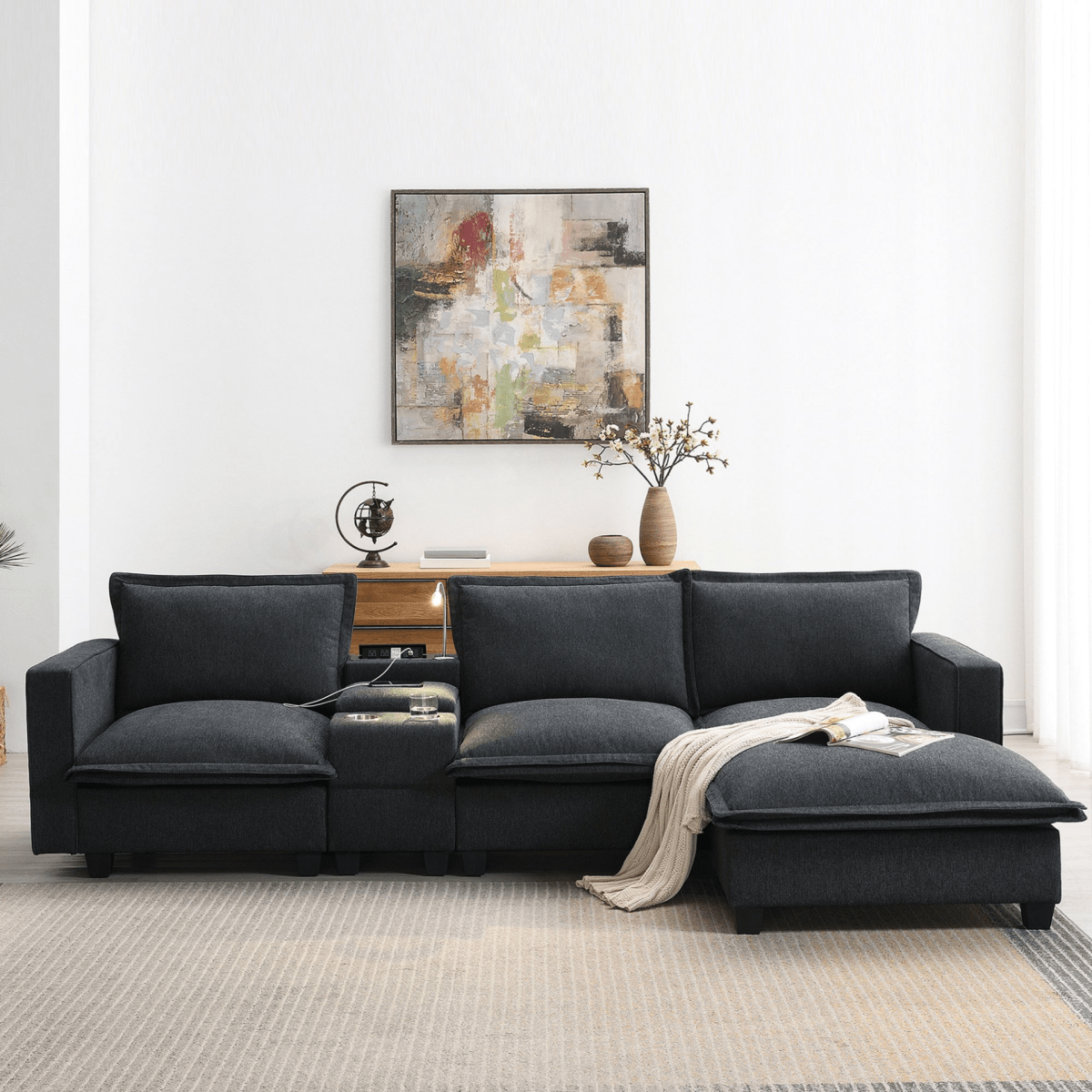 Modern Modular Cloud Sofa – 4 - Seat Sectional with USB & Cup Holder - 