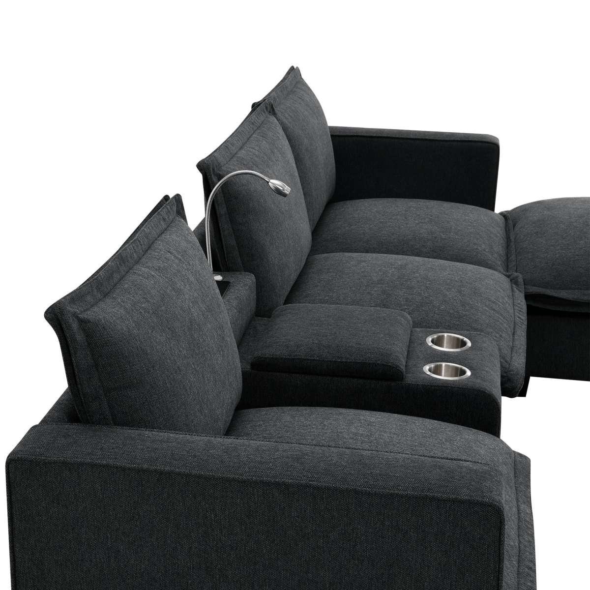Modern Modular Cloud Sofa – 4 - Seat Sectional with USB & Cup Holder - 