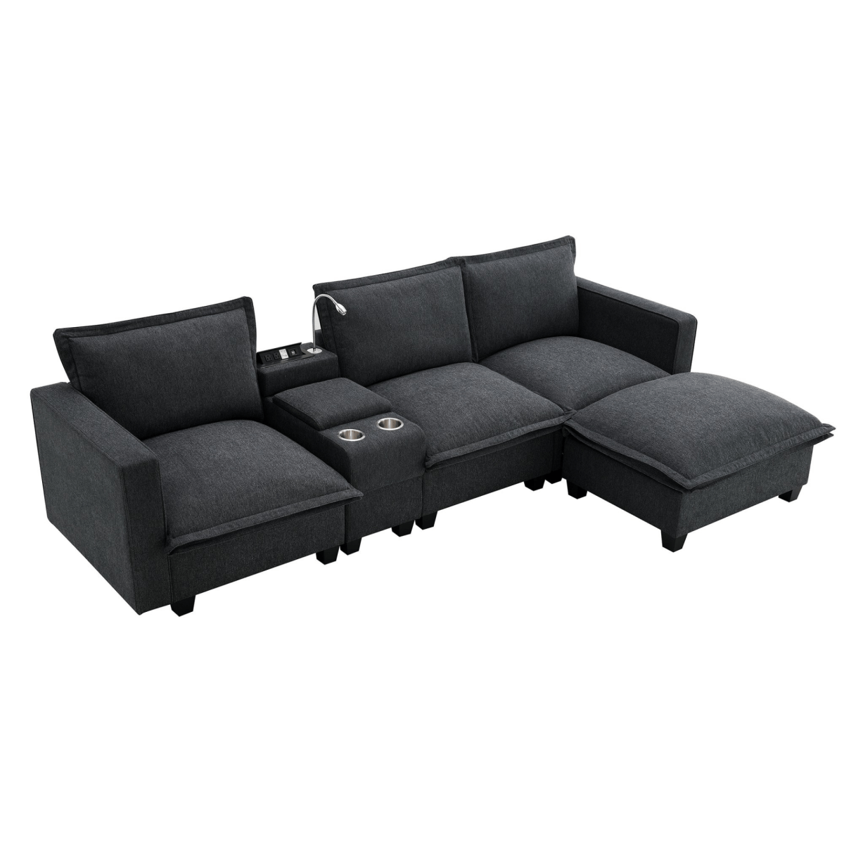Modern Modular Cloud Sofa – 4 - Seat Sectional with USB & Cup Holder - 