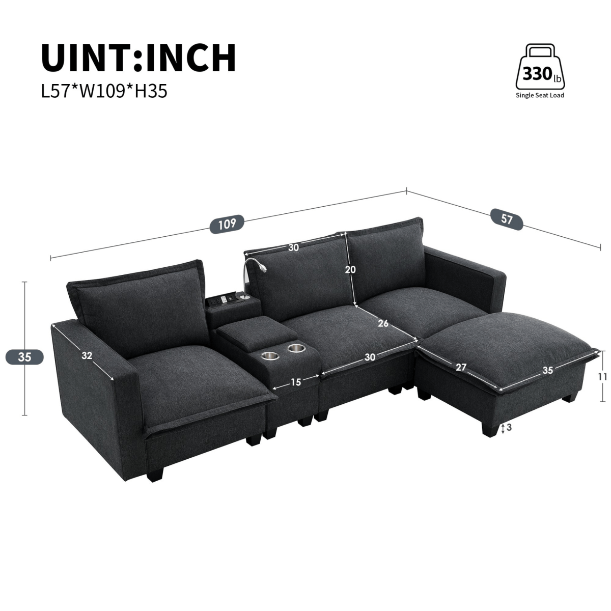 Modern Modular Cloud Sofa – 4 - Seat Sectional with USB & Cup Holder - 
