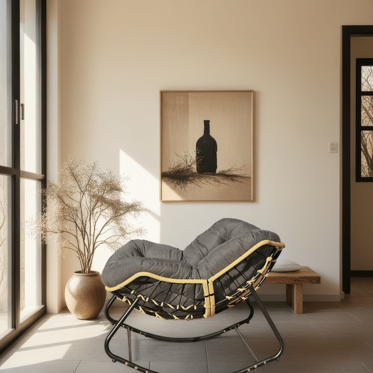 Modern Rattan Rocking Lounge Chair with Cotton Cushion - Rocking Chair