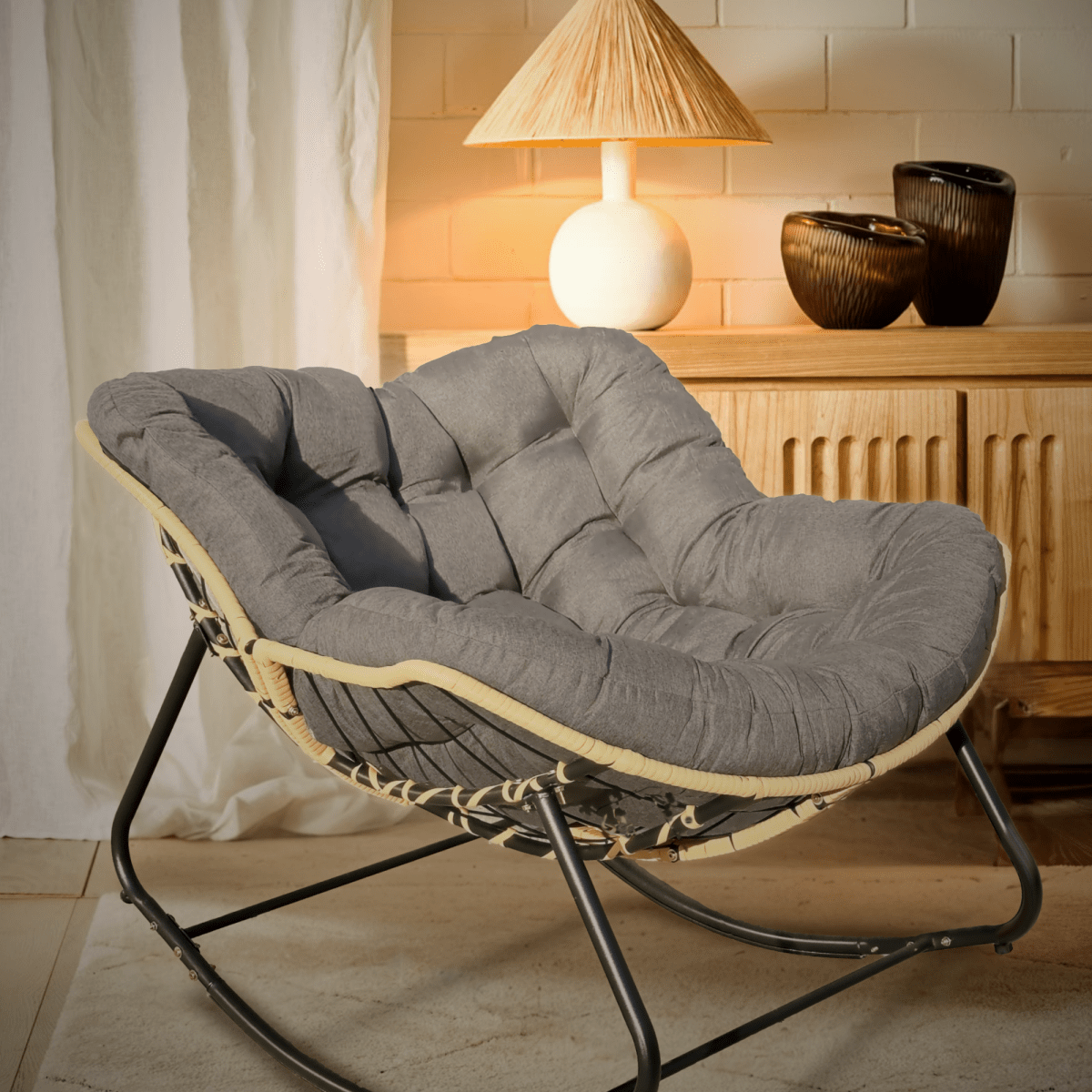 Modern Rattan Rocking Lounge Chair with Cotton Cushion - Rocking Chair