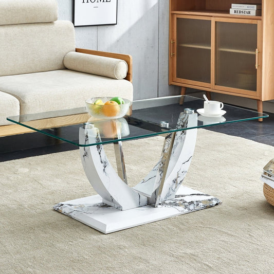 Modern Transparent Glass Coffee Table with Marble Columns - Coffee Table