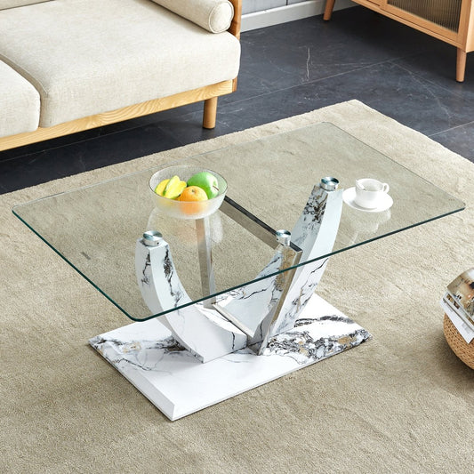 Modern Transparent Glass Coffee Table with Marble Columns - Coffee Table