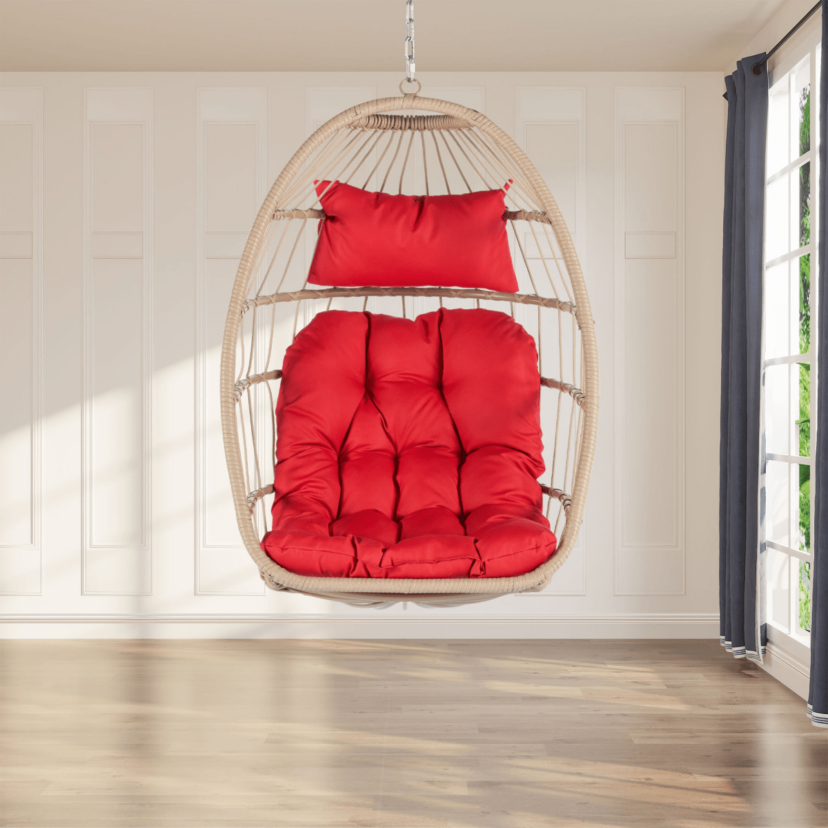Outdoor Rattan Hanging Swing Chair with Red Cushions - Hanging Chair